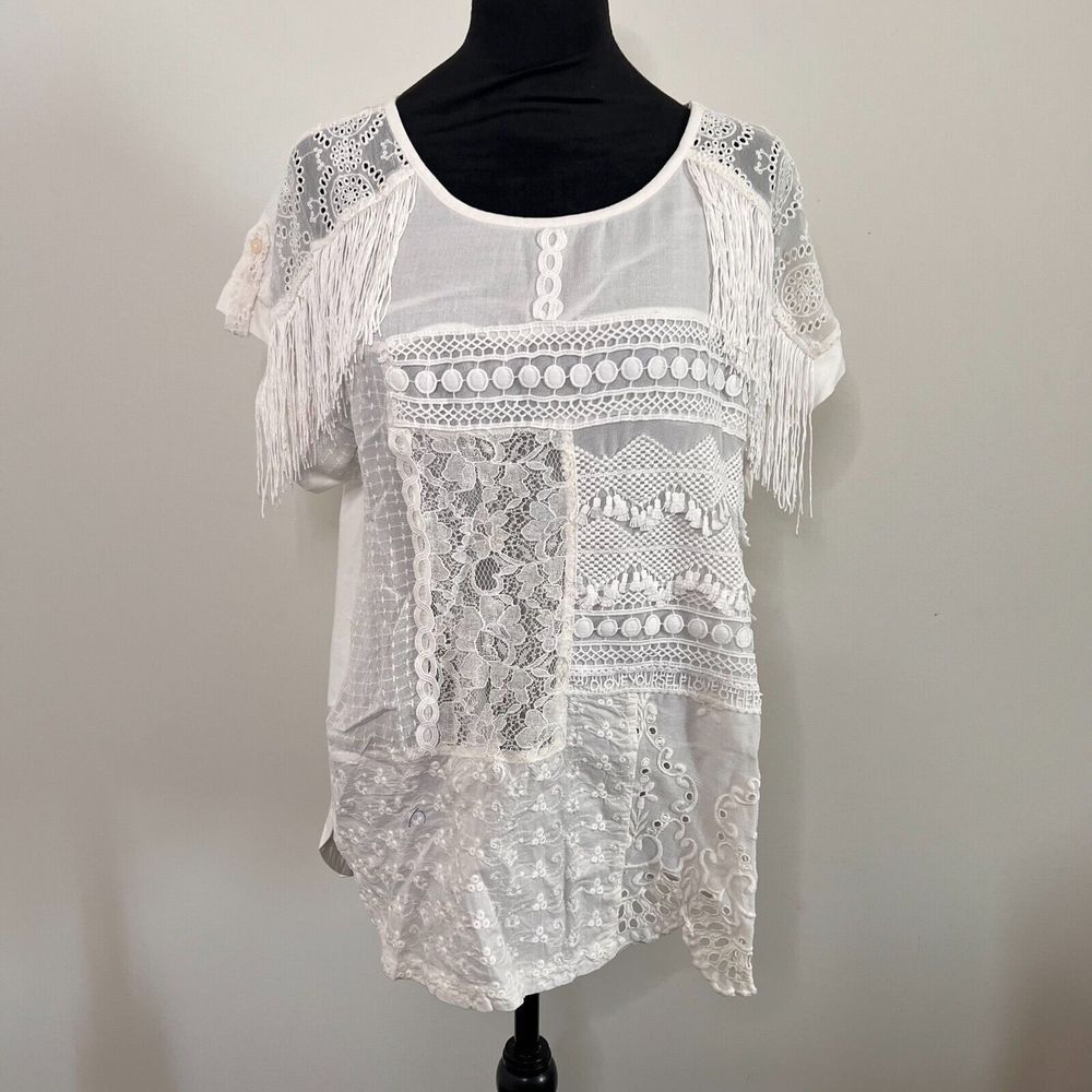 Desigual White Lace Patchwork‎ Fringe Boho Top 20SWBW54 Women Medium NEW